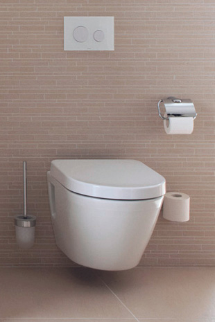 Wall-hung rimless toilet including accessories on an intricately tiled wall